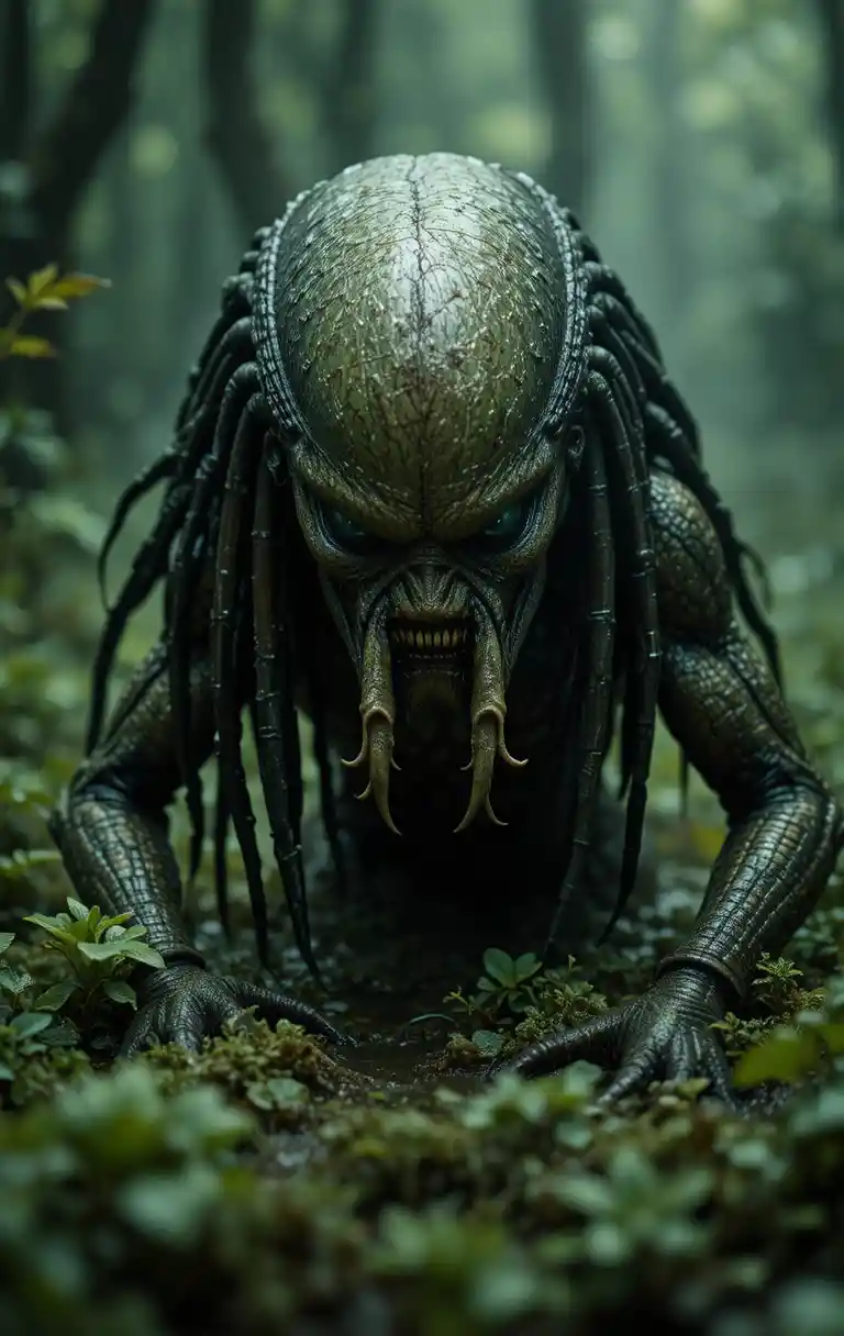 Creepy tentacled monster crawling from dark green swamp