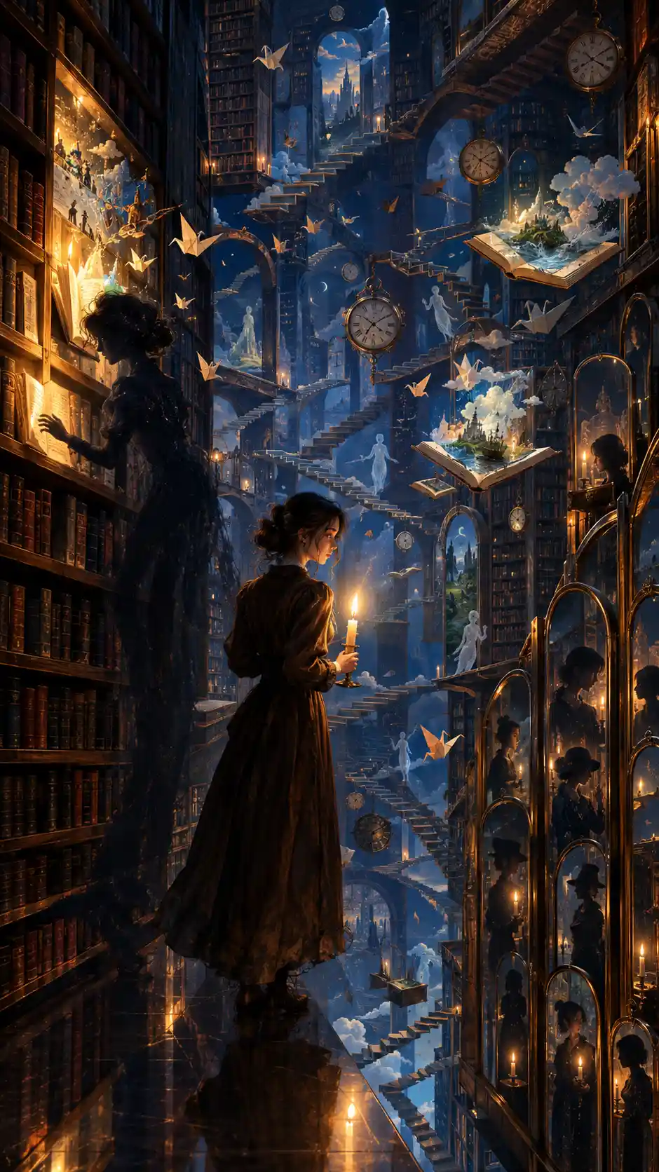 Joven mujer con una vela en una biblioteca surrealista infinita
