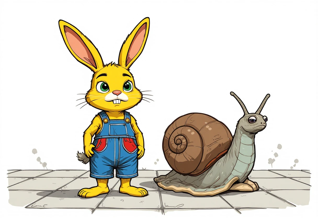 Gelbes Kaninchen und grummelnde Schnecke in einer einfachen Cartoon-Szene