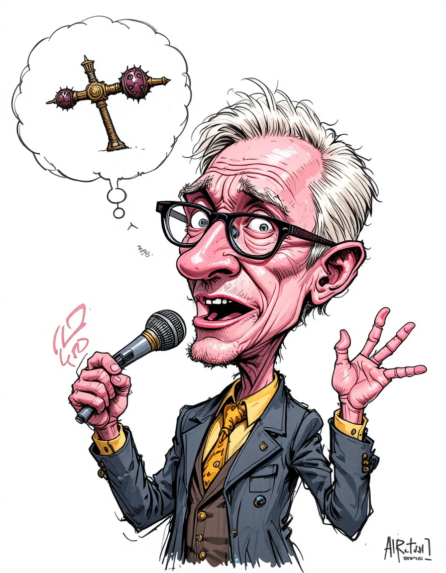 Hombre de negocios caricaturesco hablando con micrófono y pensamientos desbocados