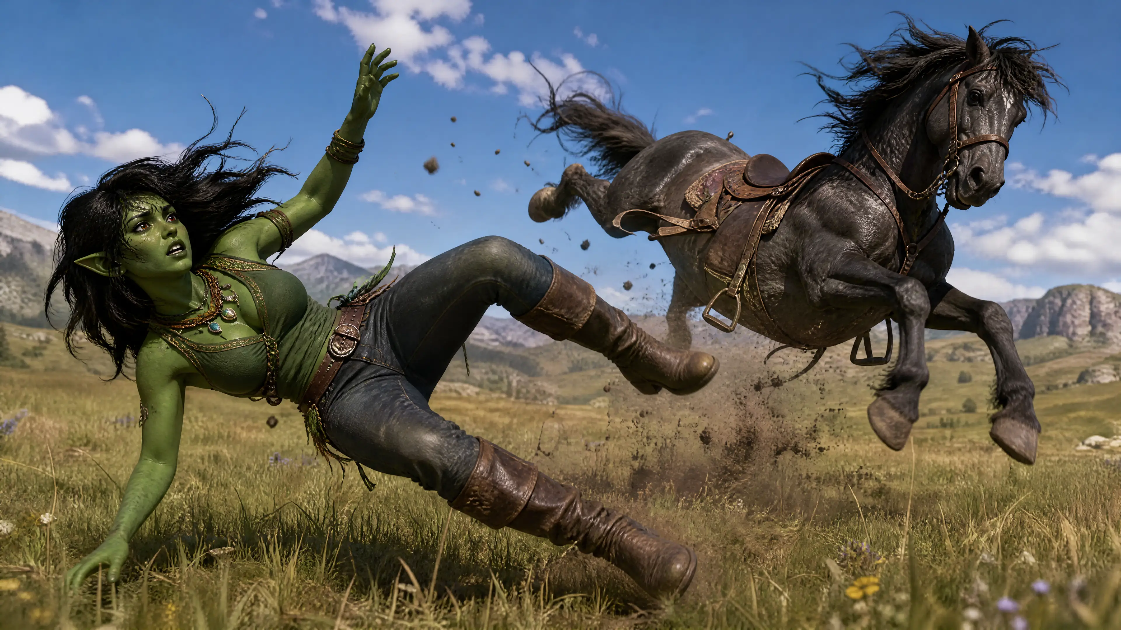 Green female troll falling from wild horse in grassland