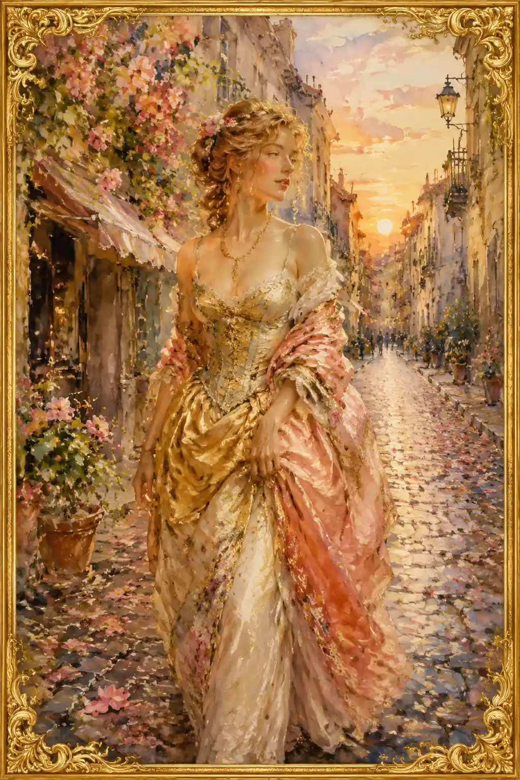 Élégante femme baroque marchant dans une étroite rue pavée