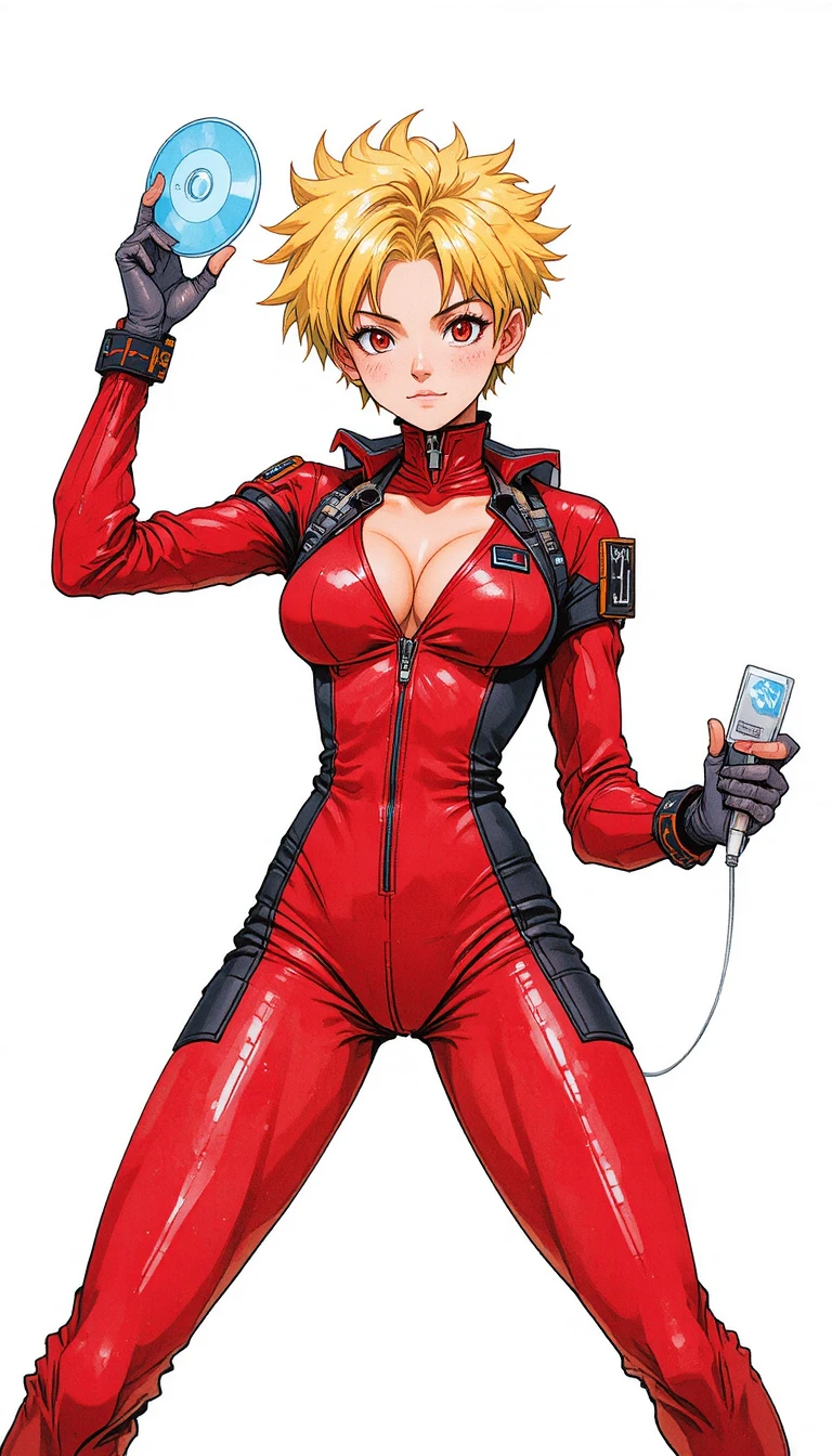 Determinata donna anime in tuta rossa con dischi futuristici
