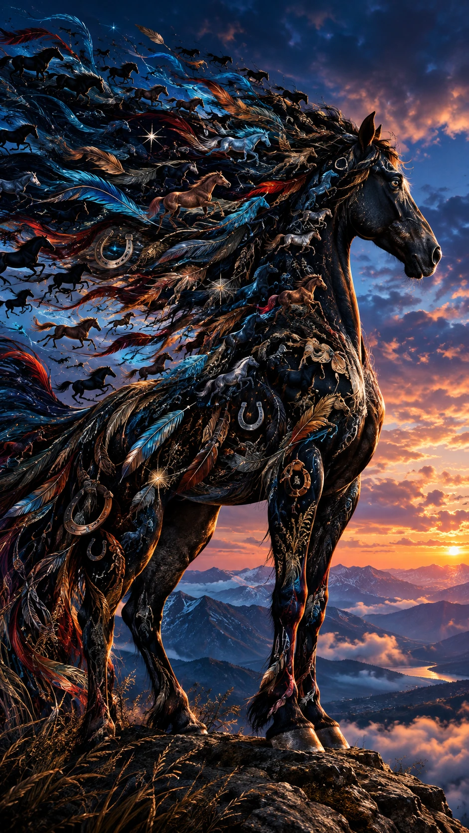 Black Horse Silhouette On Ridge Under Vast Twilight Sky