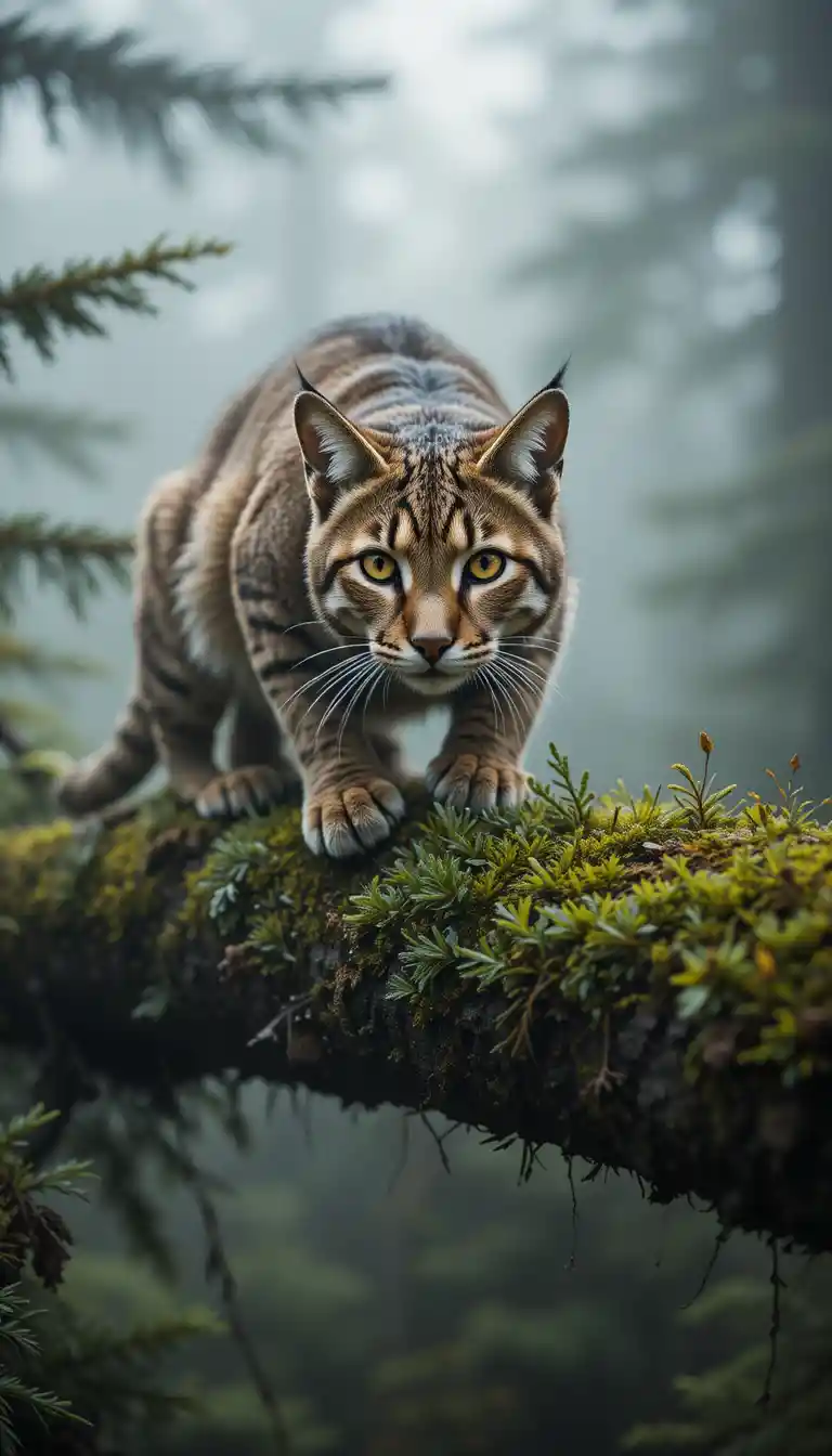 Lince rojo sobre rama musgosa en un bosque brumoso