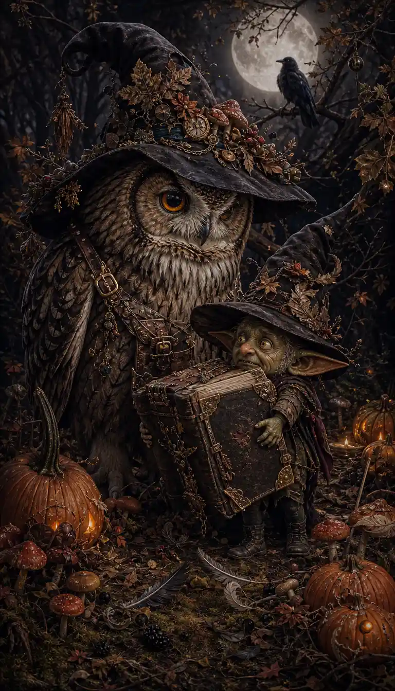 Nervous Goblin And Wise Owl In Moonlit Forest Clearing