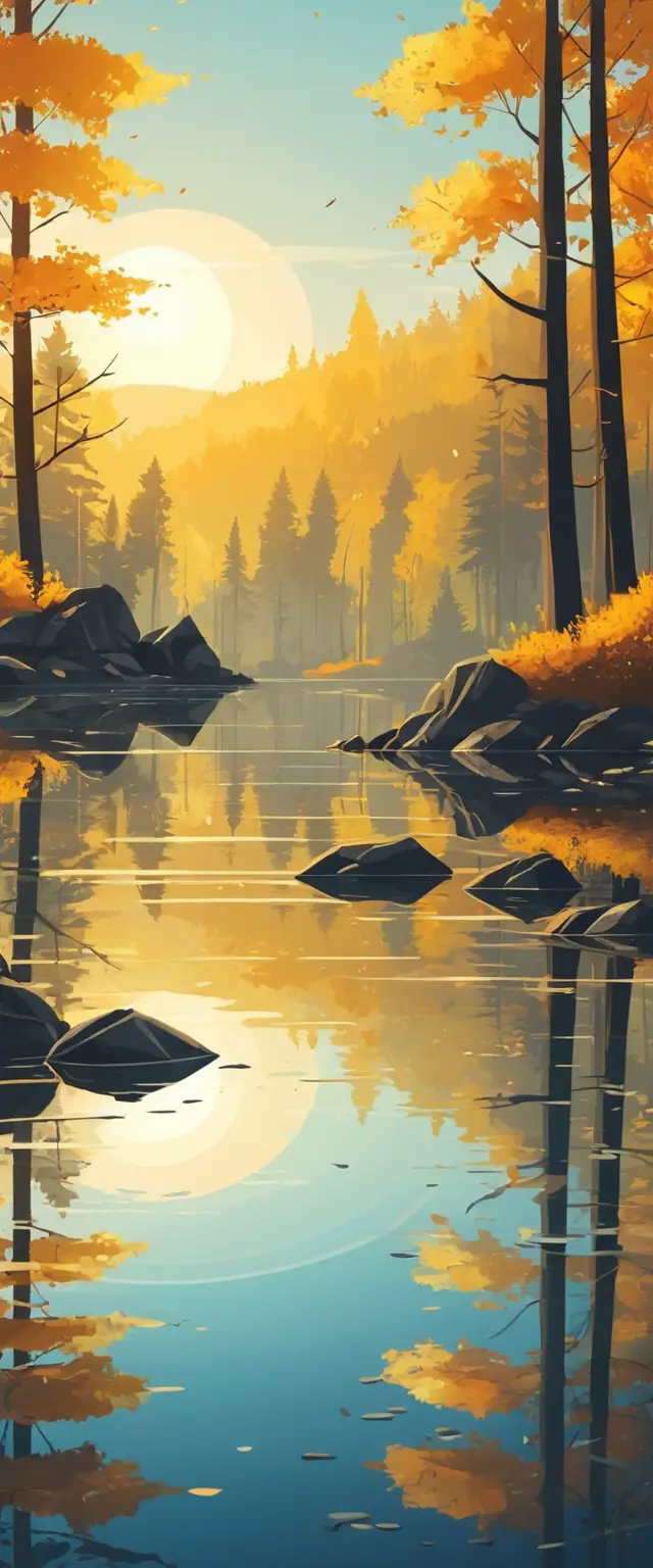 Autumn forest by a clear lake at sunrise reflection
