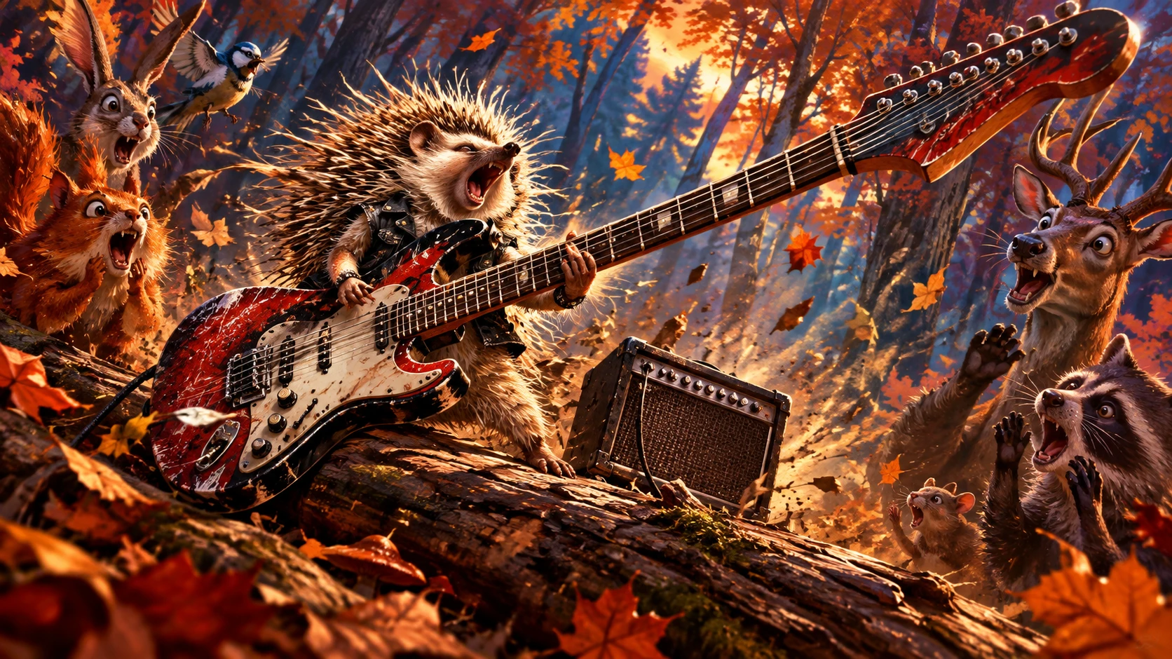 Tiny Hedgehog Rock Guitarist Performing In A Forest