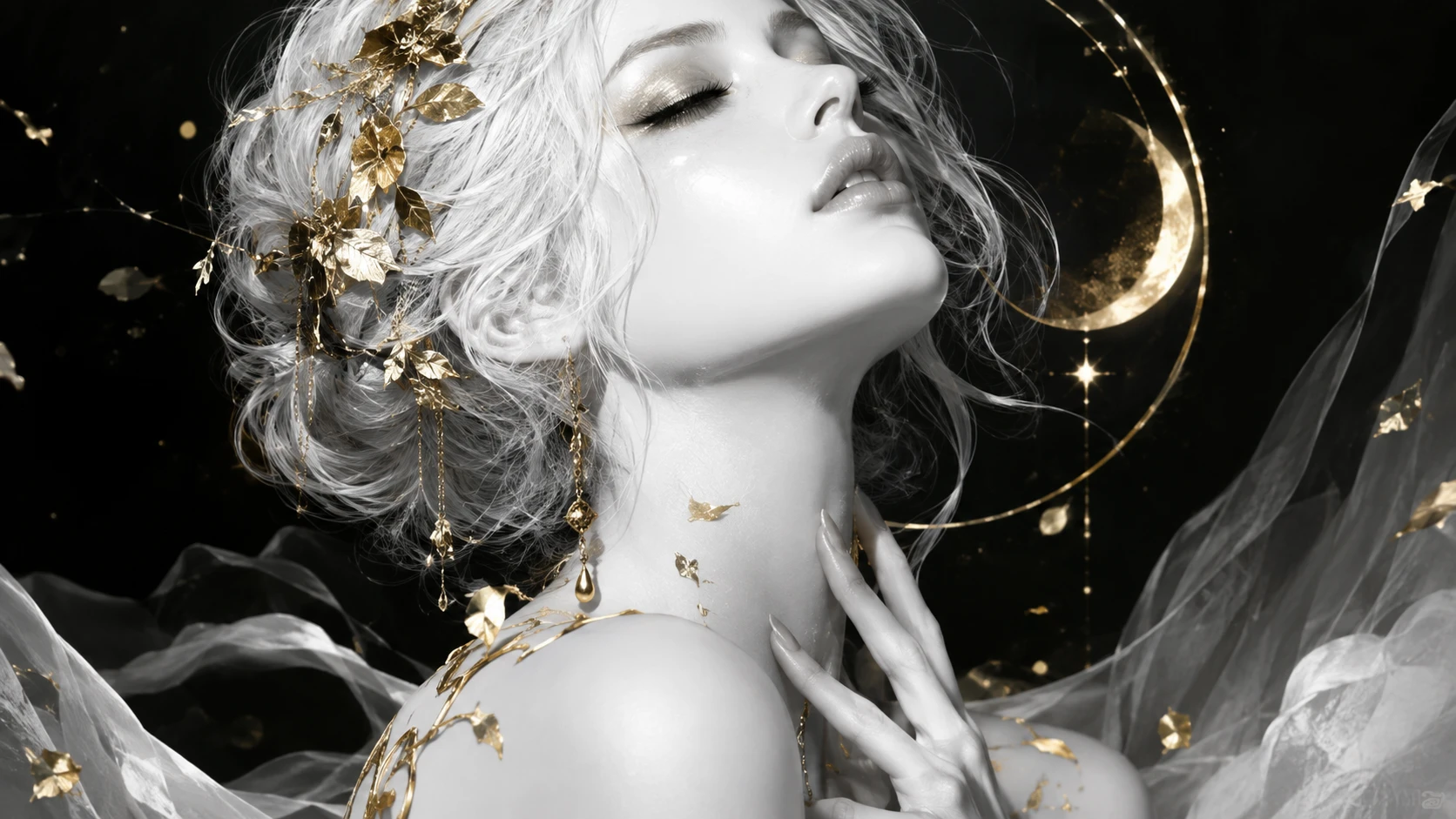 Mujer mística de piel blanca en tonos de negro, blanco y oro blanco