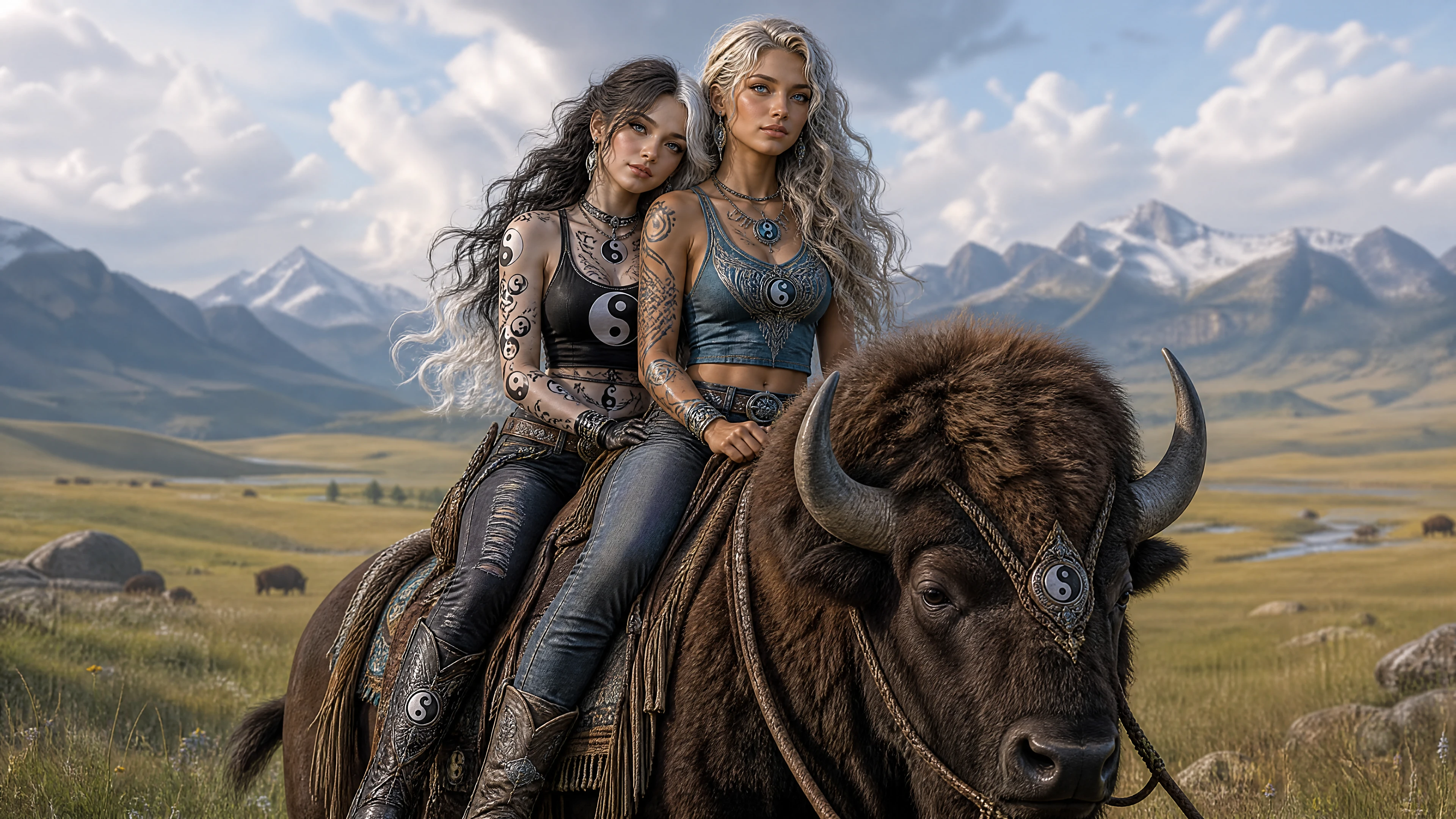 Dos mujeres fantásticas montando un bisonte sobre la pradera