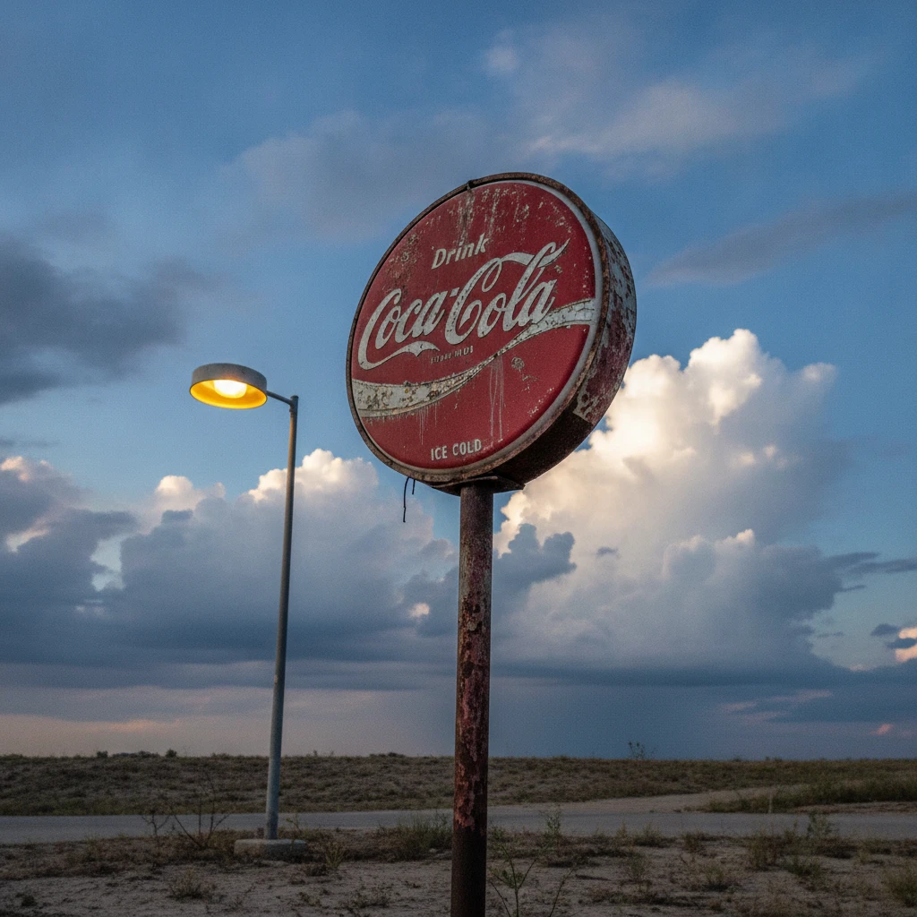 Vintage street sign against blue sky with soft clouds