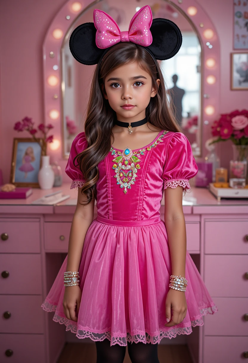 Nervous tween boy in pink princess costume at vanity