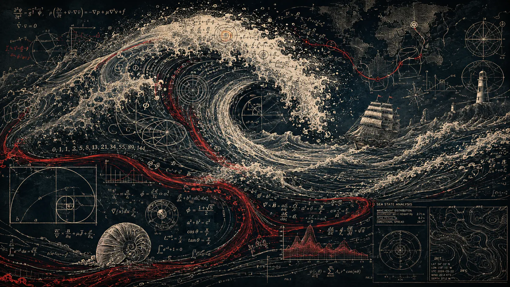 Vagues abstraites géantes composées de symboles mathématiques et nautiques