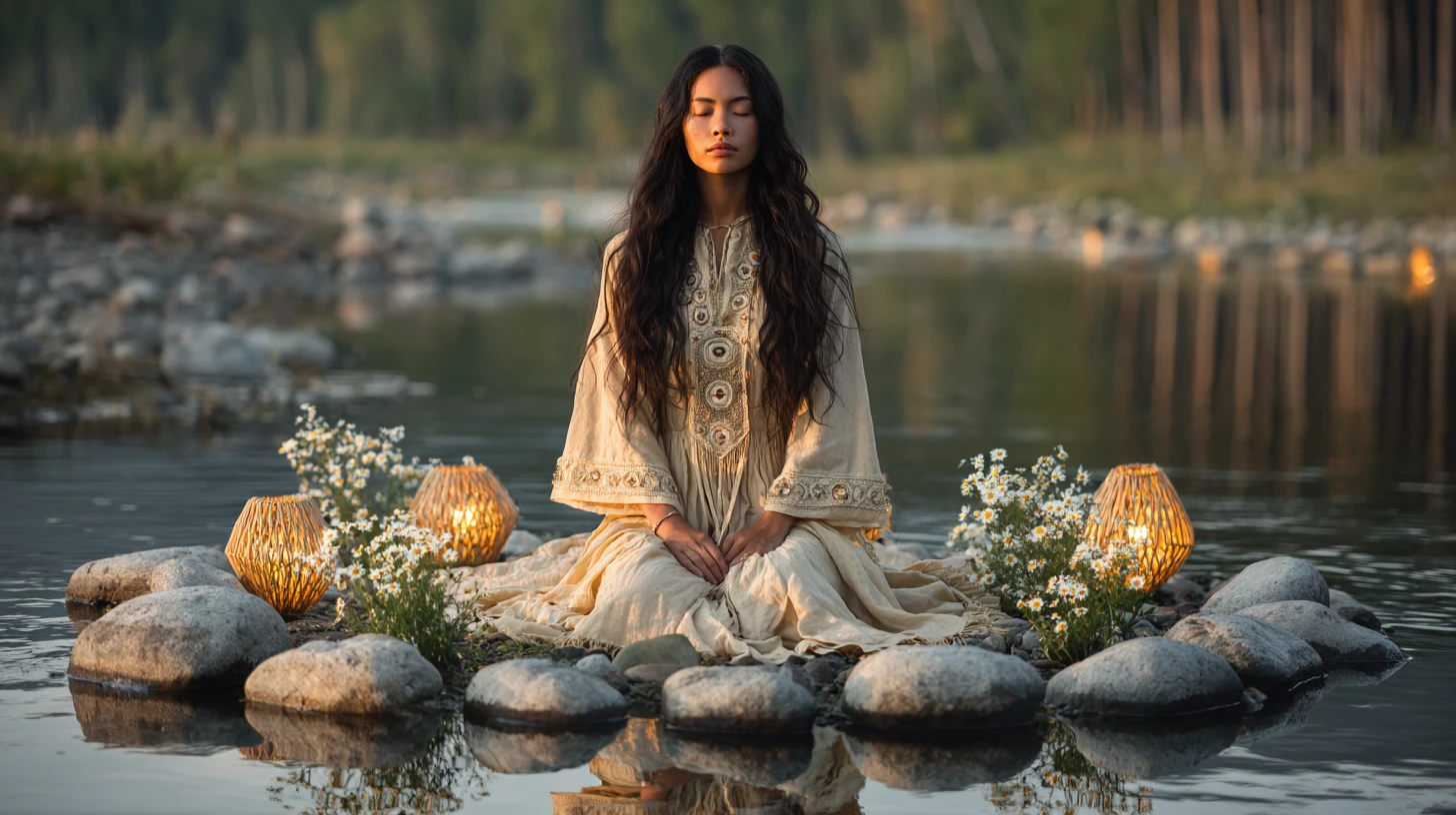 Mujer nativoamericana en paz meditando junto a un lago del bosque