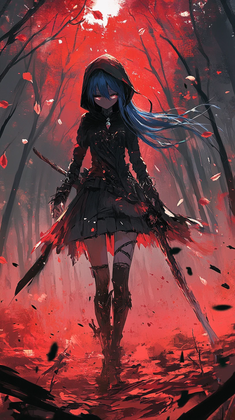 Anime-Mädchen im zerstörten Wald unter blutrotem Himmel