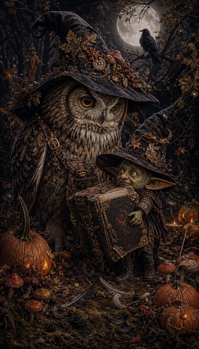 Nervous Goblin And Wise Owl In Moonlit Forest Clearing