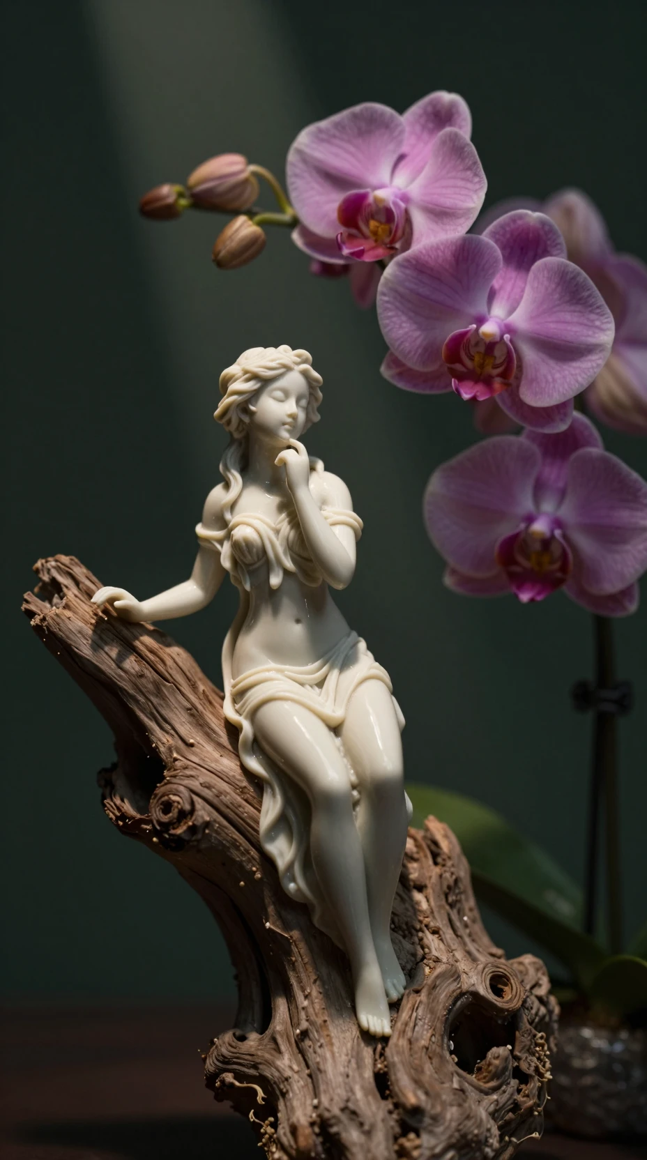 Porcelain fairy sculpture with orchids in dramatic forest light