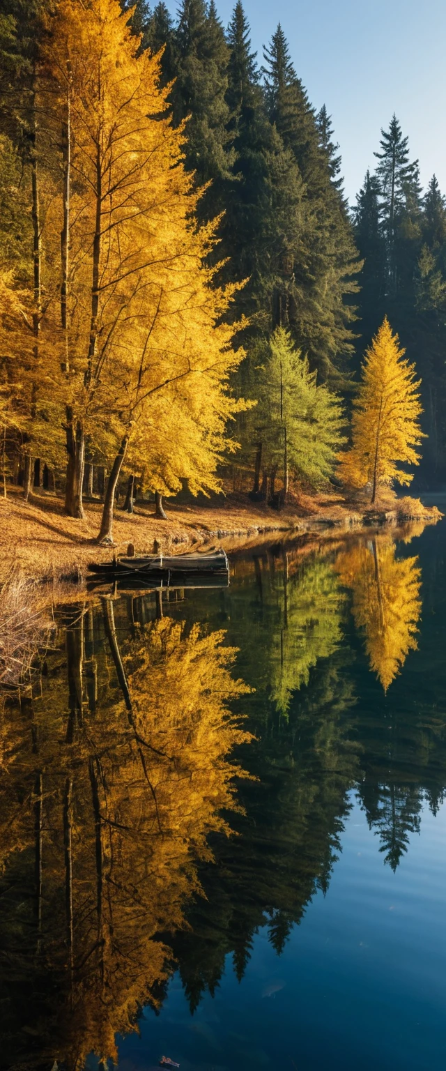 Bosque otoñal junto a un lago cristalino al amanecer tranquilo