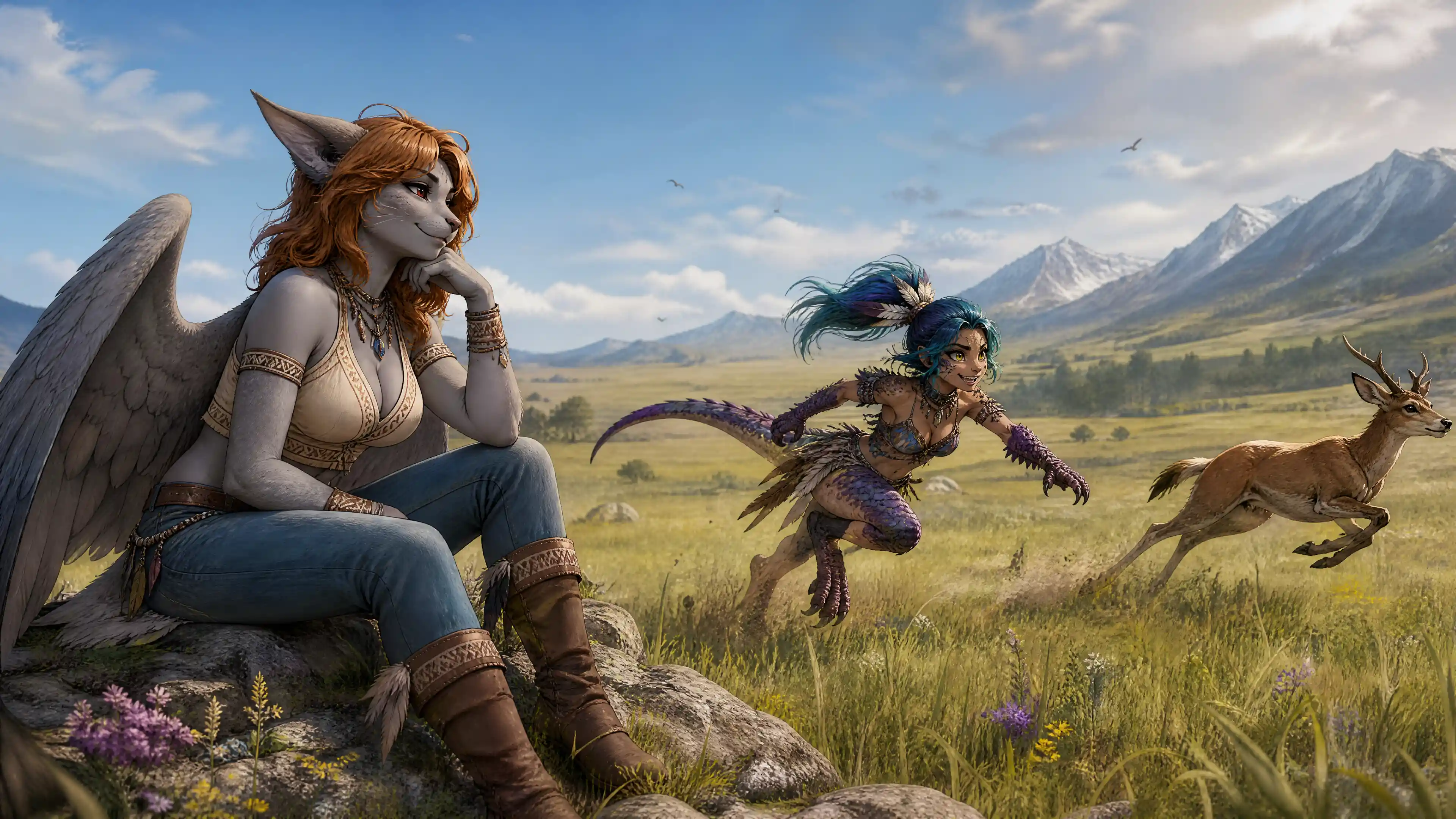 Winged sphinx woman watching her playful hunter wife