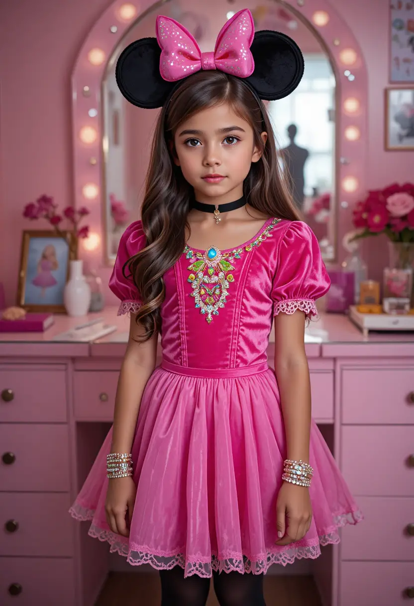 Nervous tween boy in pink princess costume at vanity