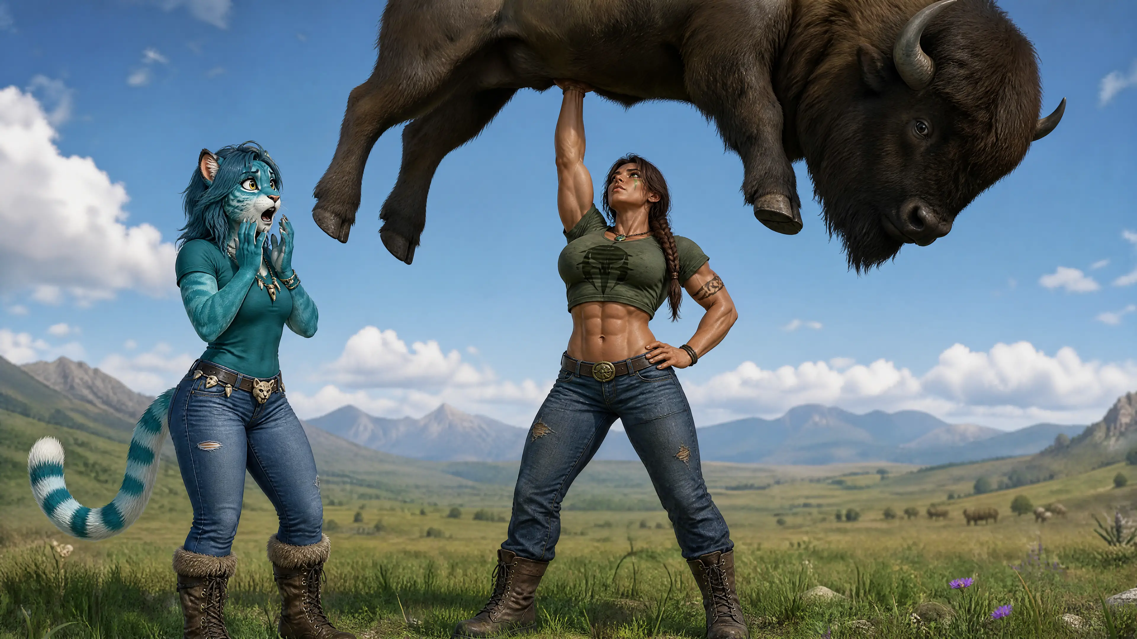 Warrior woman lifting a bison in open grassland