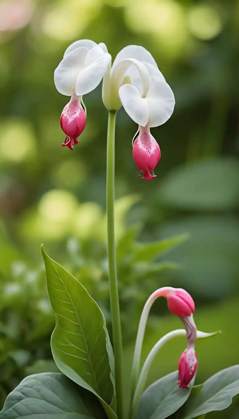 Macro close up of red and white flowers on tall garden stem