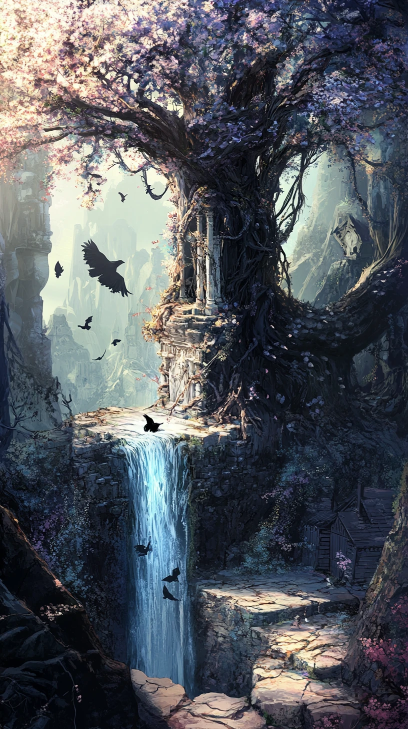 Dead tree in a deep canyon with a small stone shrine