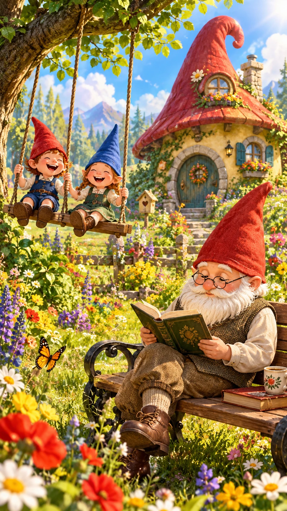Gnome Grandfather Reading Beside Children Playing In Meadow