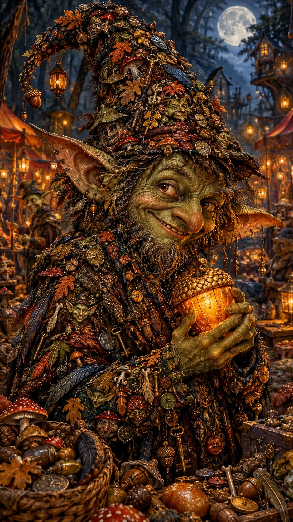 Whimsical Goblin Portrait With Glowing Acorn In Forest Market