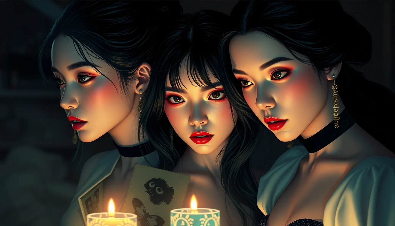 Three women in a dark surreal scene of playful intrigue