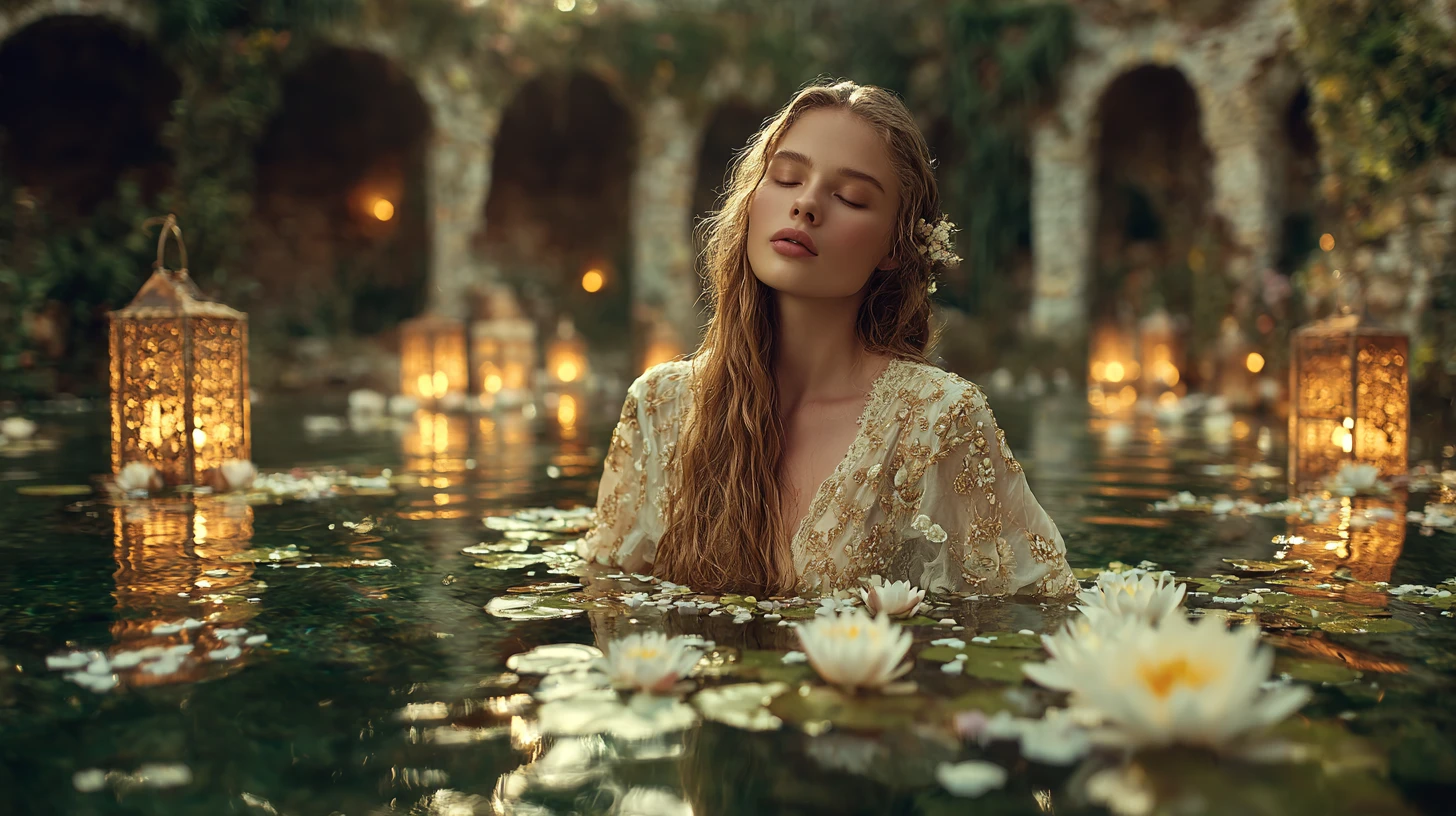Serene blonde woman resting in a lantern lit lake