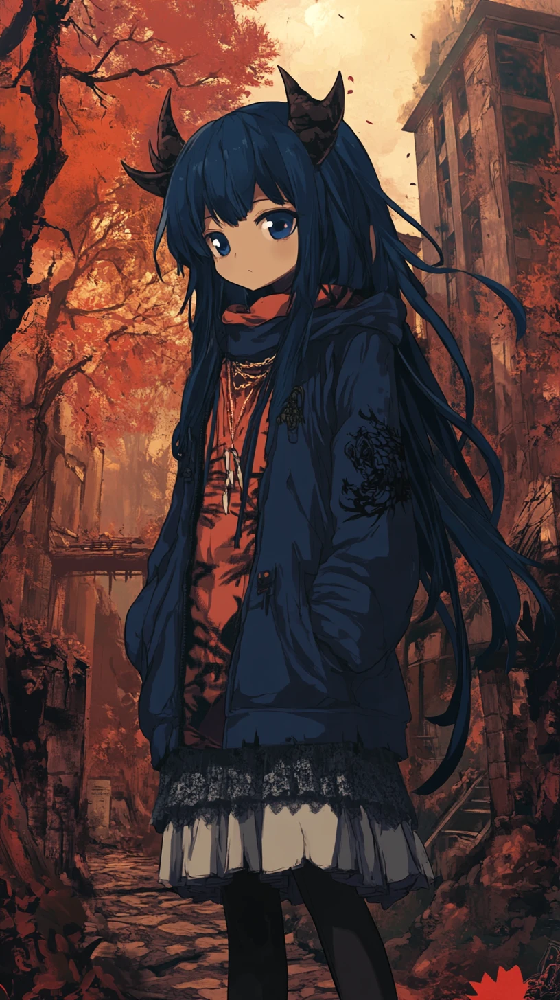 Ragazza anime in una foresta in rovina sotto un cielo rosso