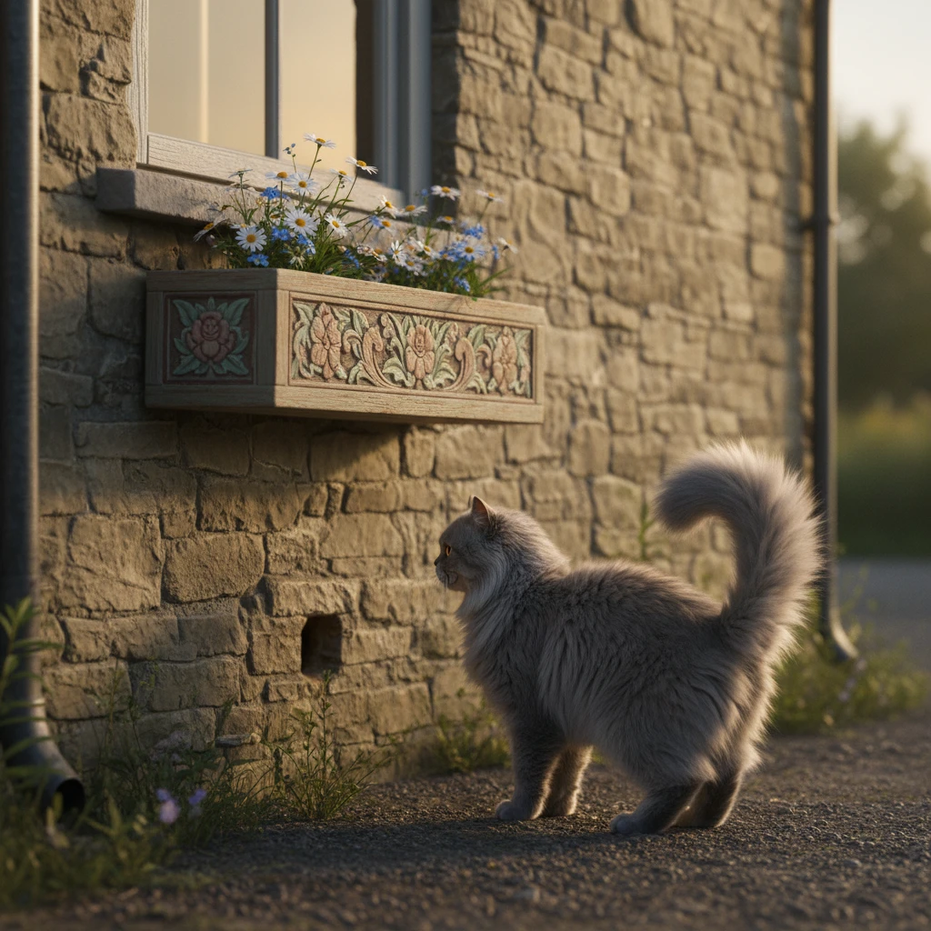 Persian cat watching a mouse hole by a stone cottage wall