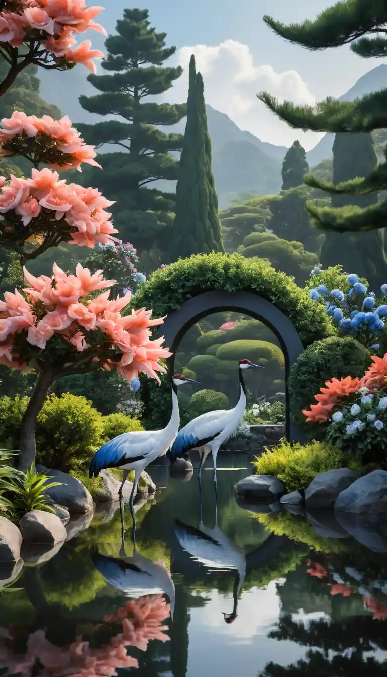 Gru dalla corona rossa in un magico giardino giapponese all’alba