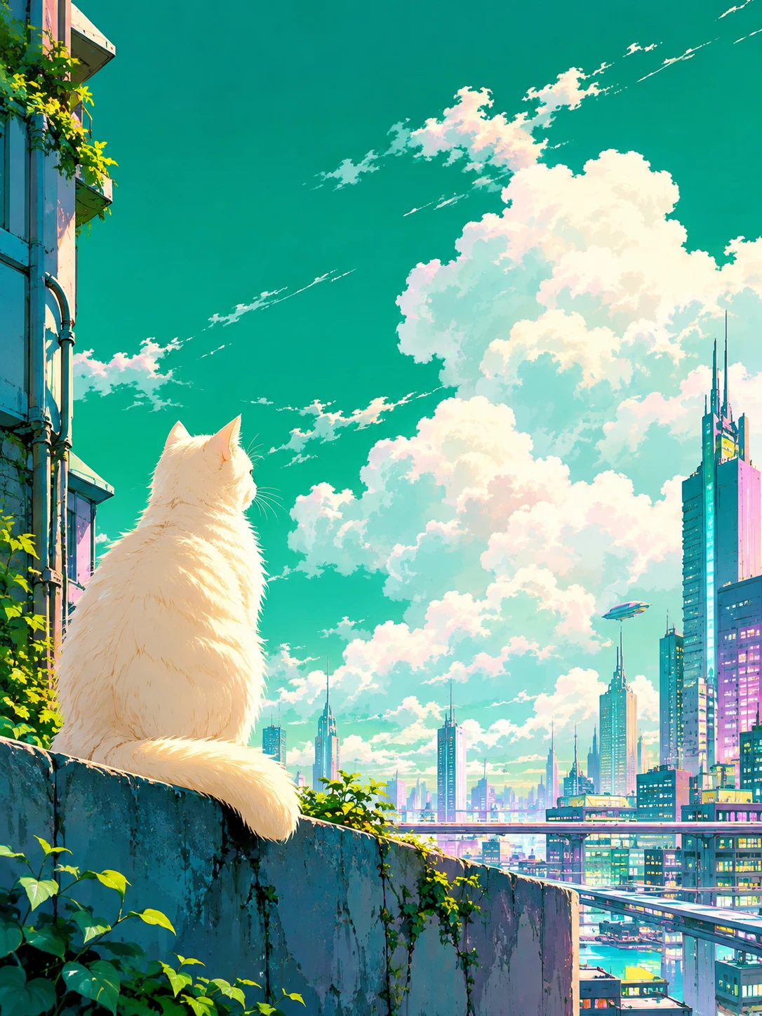 Cream cat on a wall gazing at clouds over cyberpunk city