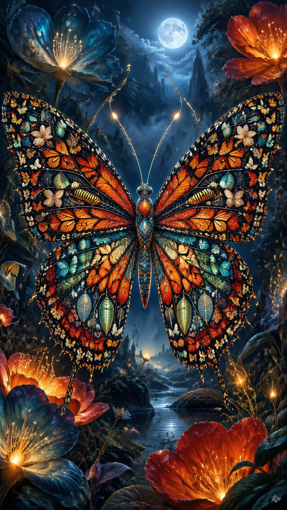 Monarch butterfly in an enchanted moonlit botanical night garden