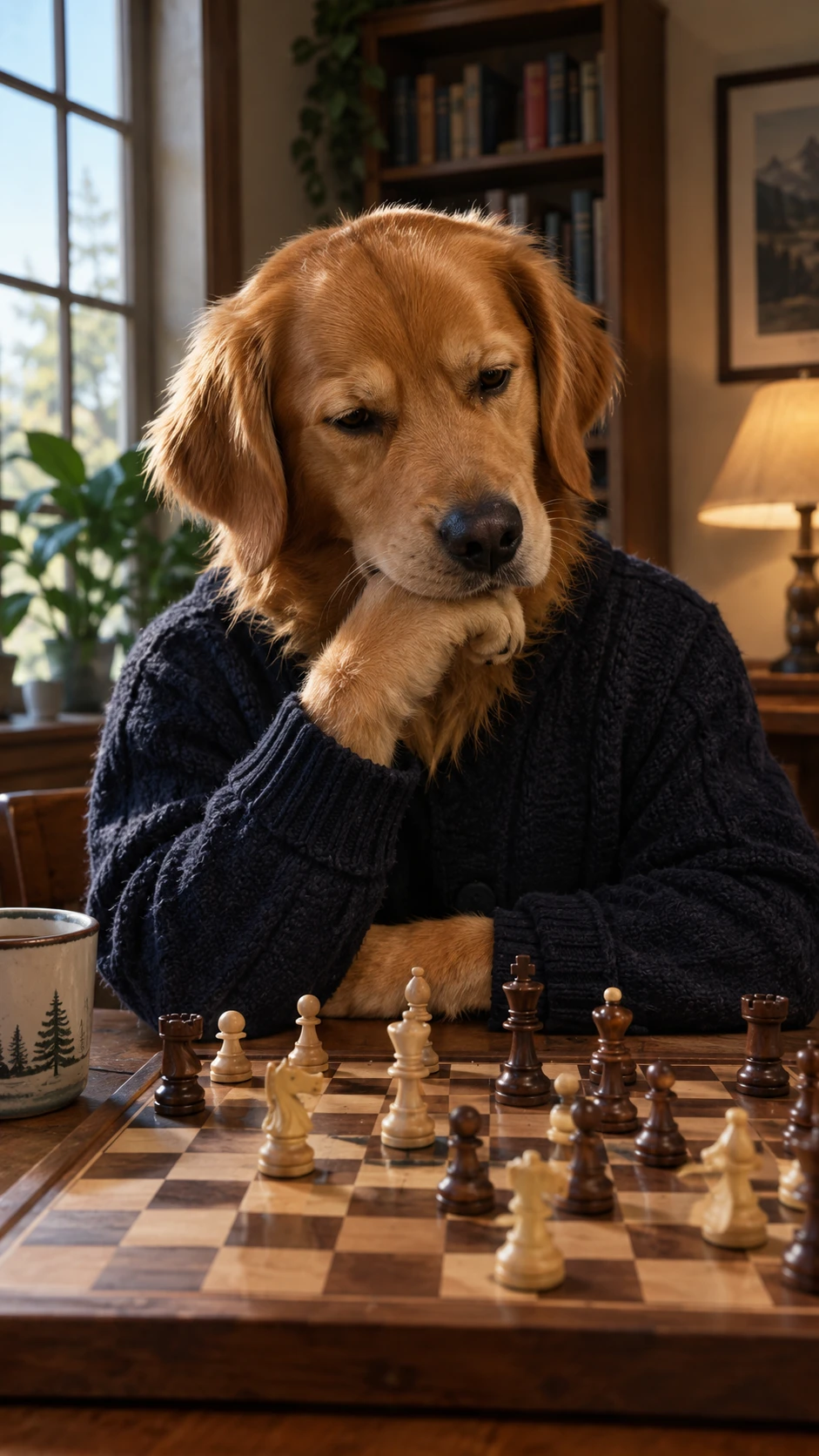 Anthropomorphic dog thinking over a move at a chess table