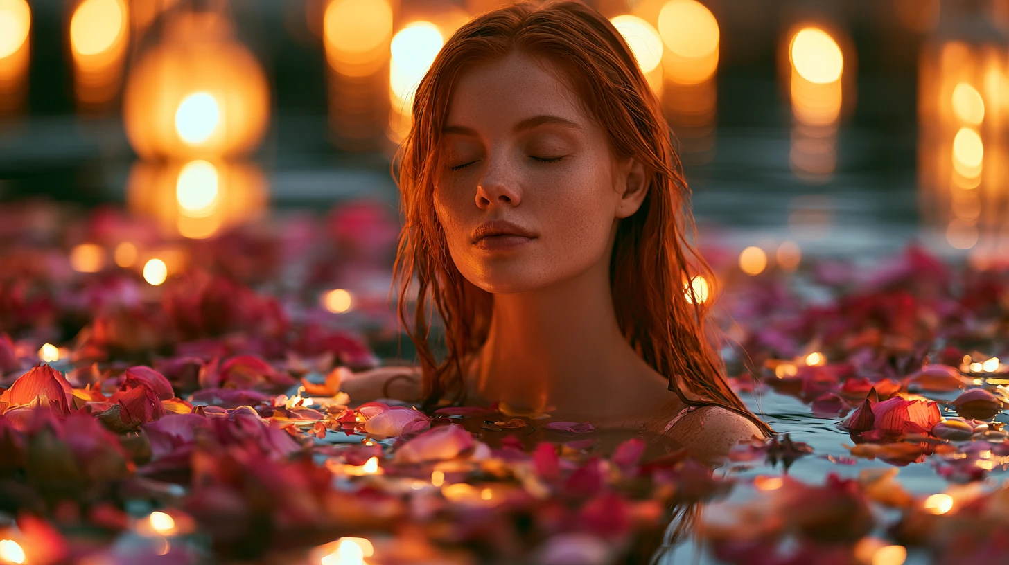Peaceful red haired woman among lotus petals in water