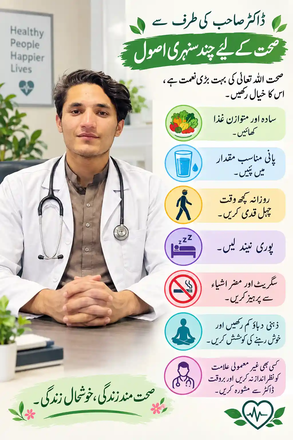 Póster de consejos de salud en urdu con iconos simples de estilo de vida