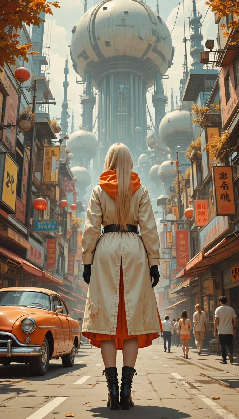 Blonde woman in oversized coat on futuristic city street