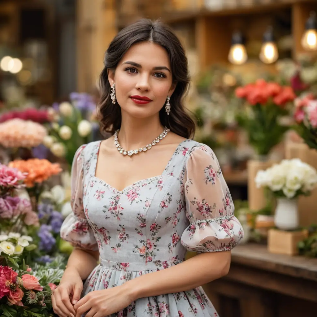 Swiss florist woman arranging flowers in a feminine dress