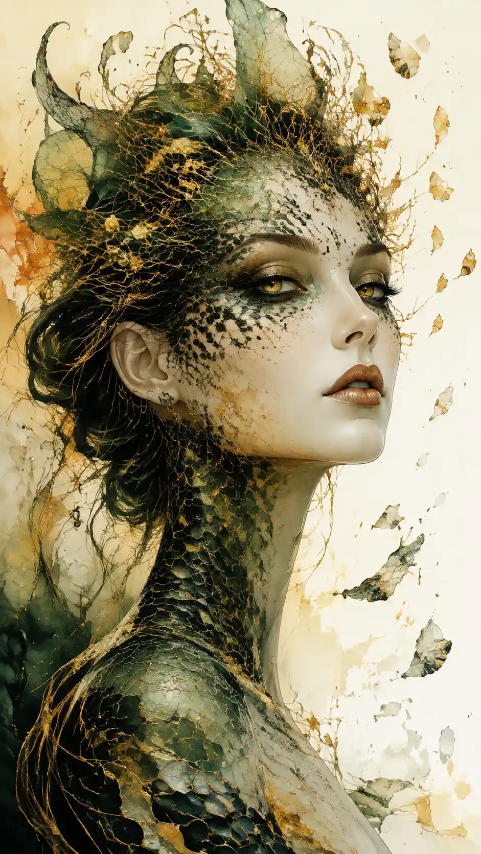 Otherworldly serpent skinned woman with amber molten eyes