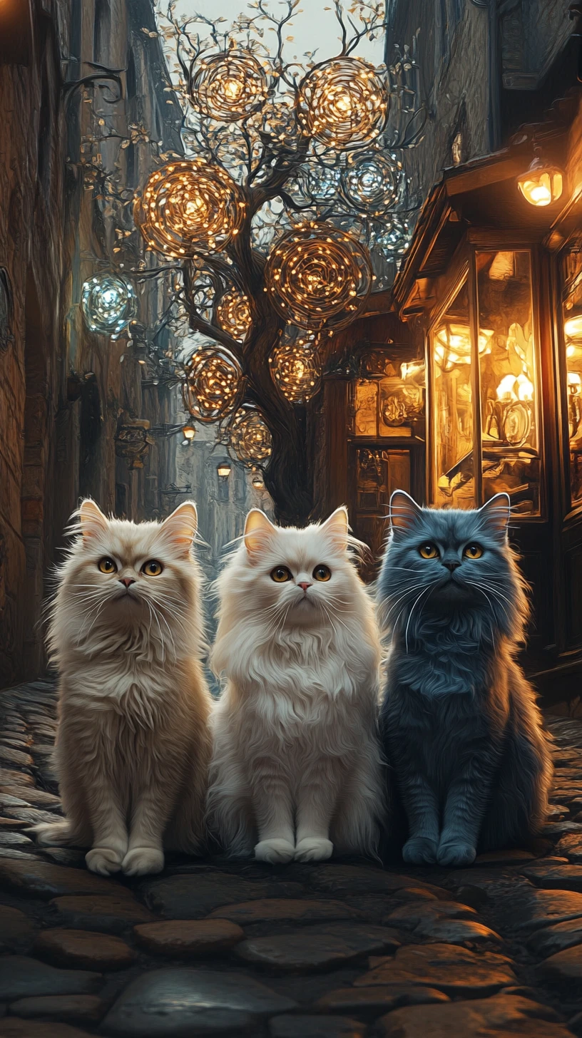 Three persian cats on a cobblestone street at dusk