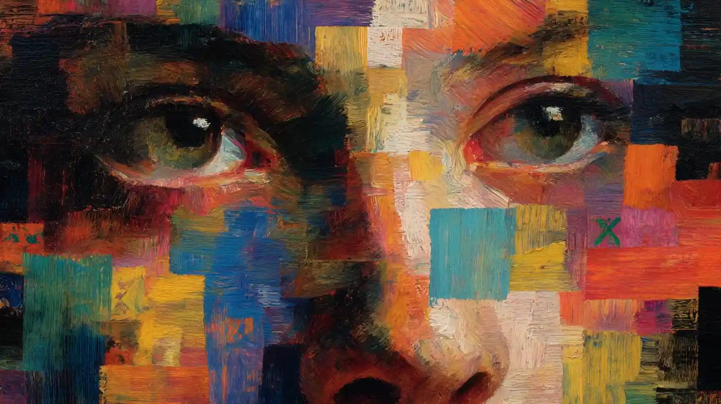Abstract negative space painting with hidden colorful symbols