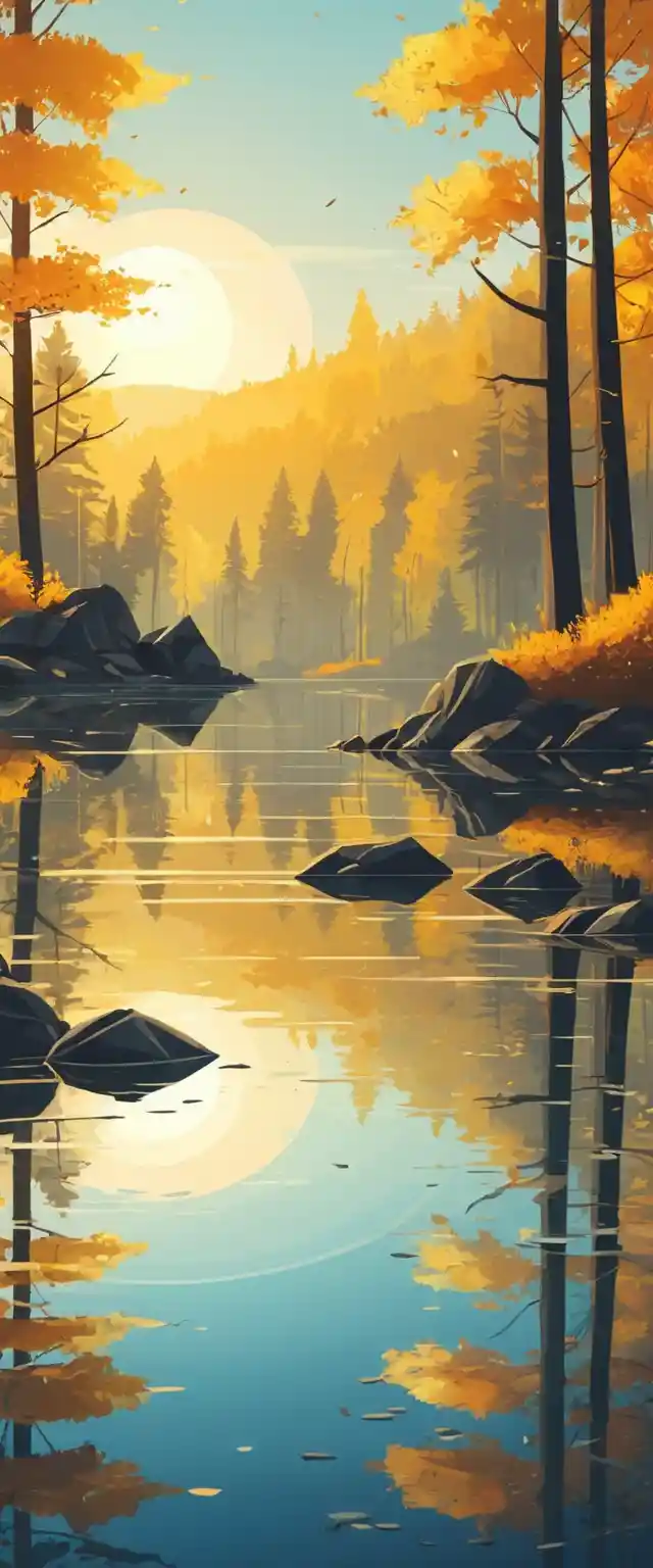 Herbstwald an einem klaren See bei Sonnenaufgang im Spiegelbild