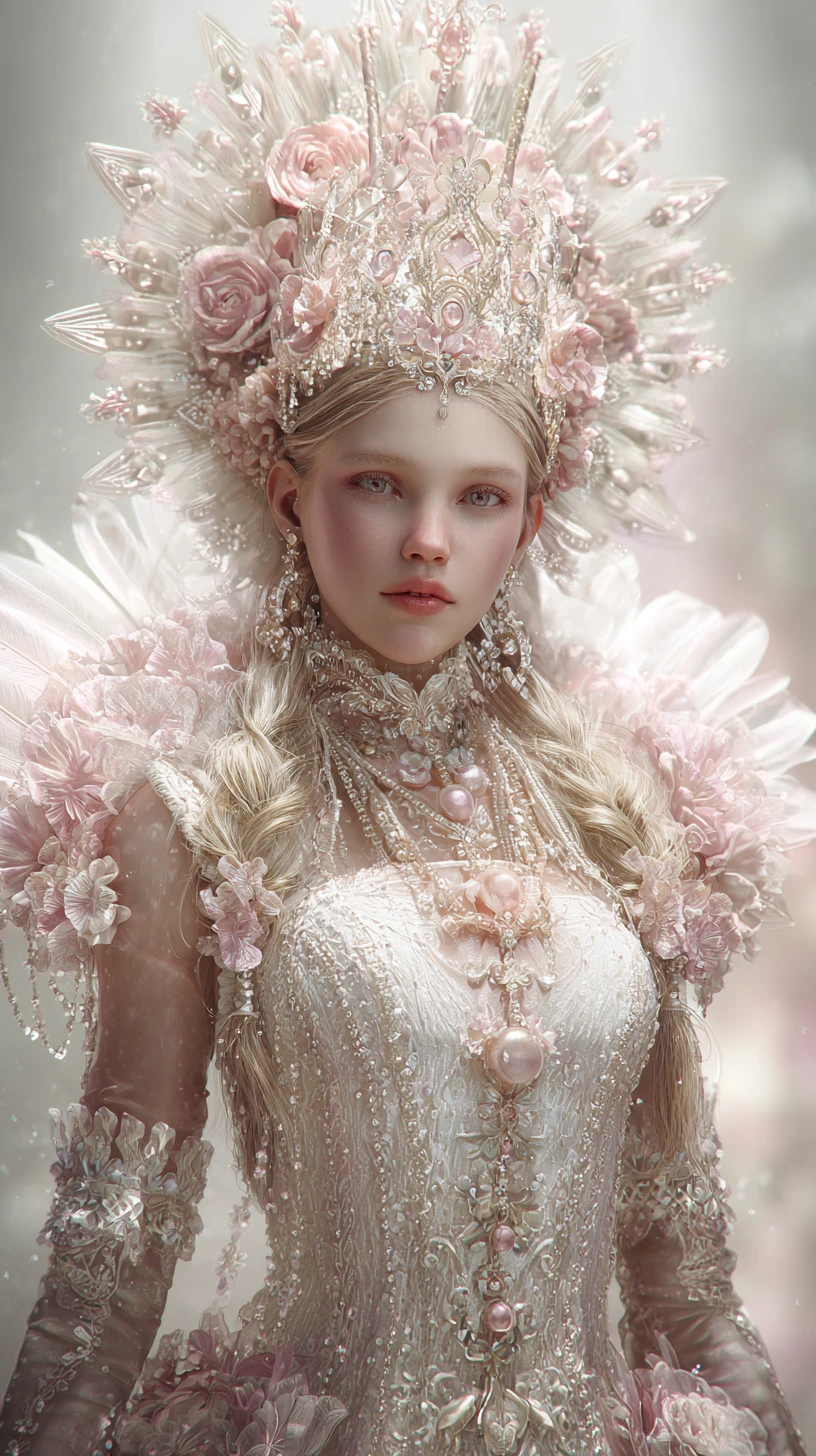 Princesa de perlas entre flores en tonos pastel y delicadas mangas de encaje
