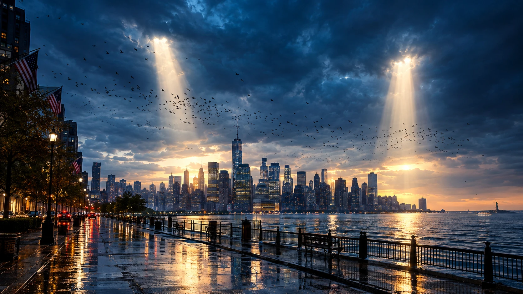Dark blue sky over Manhattan with radiant vertical light columns