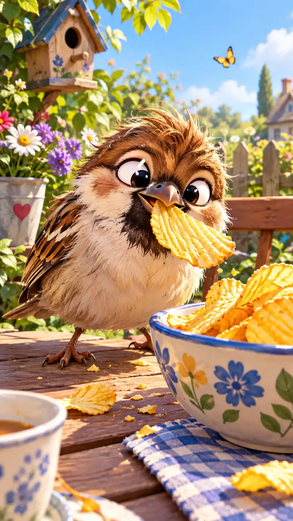 Cheeky sparrow stealing a potato chip in a garden