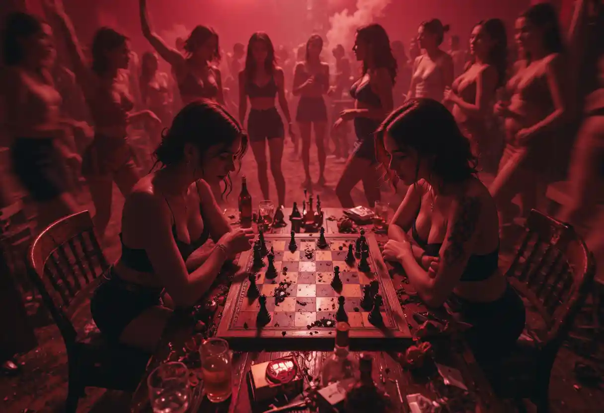 Two women playing chess at a wild house party