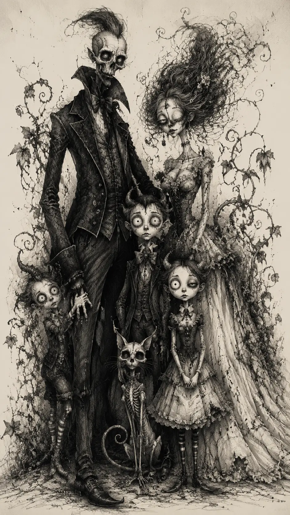 Gothic family portrait with skeletal parents and horned children